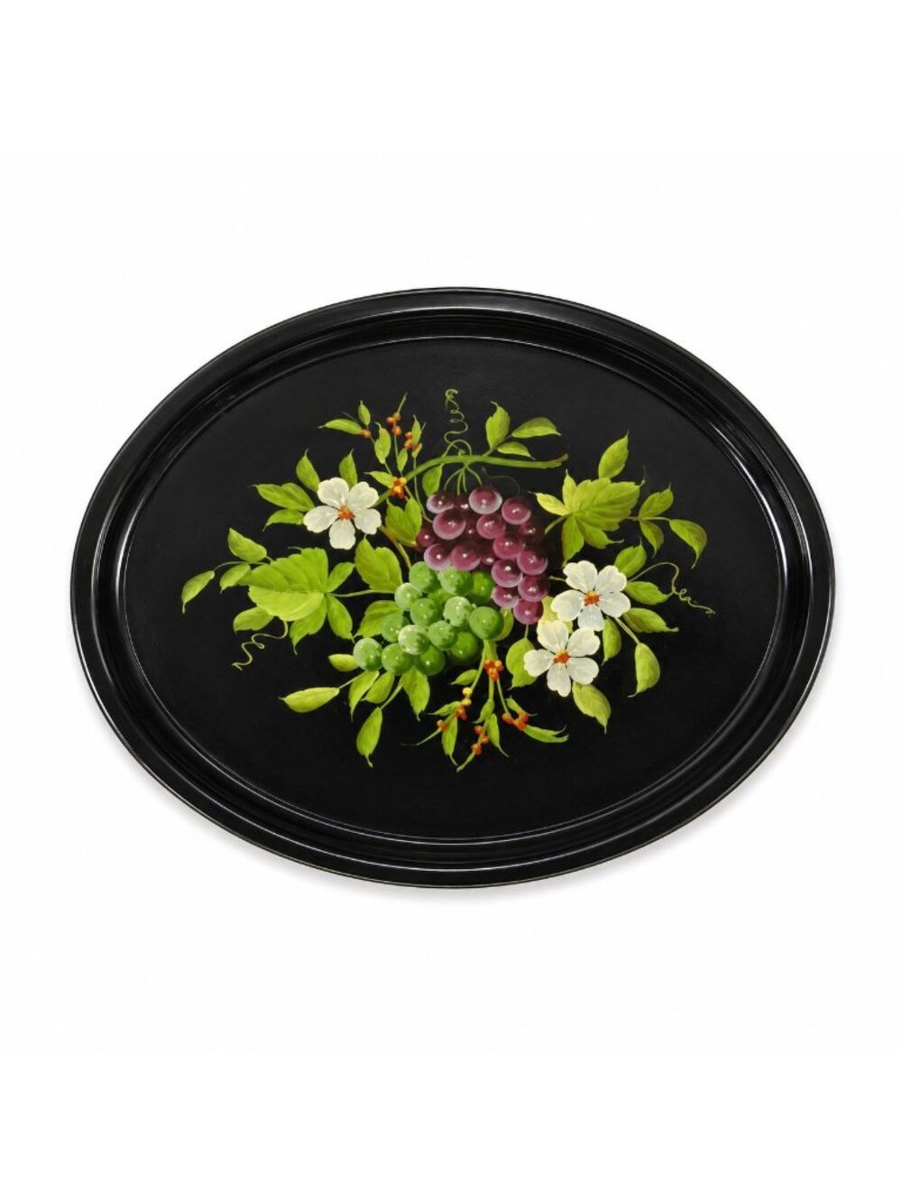 Toleware Oval Serving Tray Floral Grapes Tole Black Hand Painted Pilgrim Art Lar
